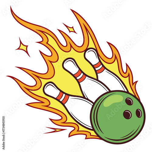 Bowling strike flame vector illustration for sports design and recreational activity graphic element with pins