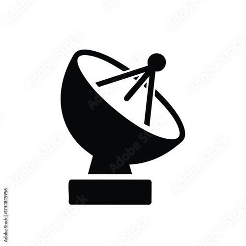 Silhouette of a satellite dish antenna with a curved dish and a feed arm mounted on a rectangular base