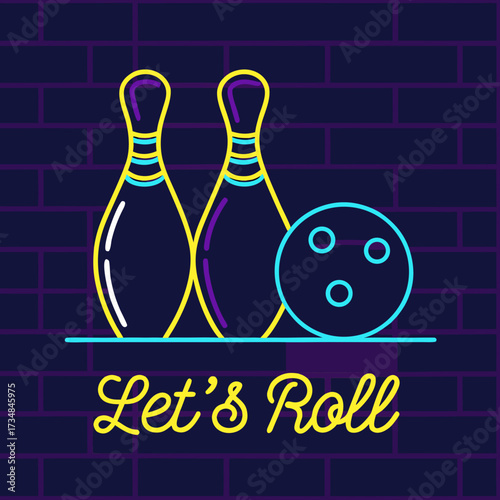Bowling alley neon sign with pins and ball illustration for sports and recreation advertising and promotion