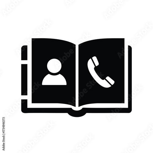 Open book with user profile and telephone symbol representing communication, contact information, or customer service concept