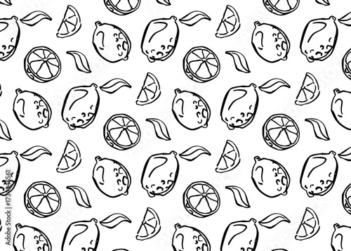 Beautiful black and white seamless doodle pattern with cute lemon sketches. Hand drawn trendy background for greeting cards, invitations, fabric, textile prints, wrapping, and creative design.