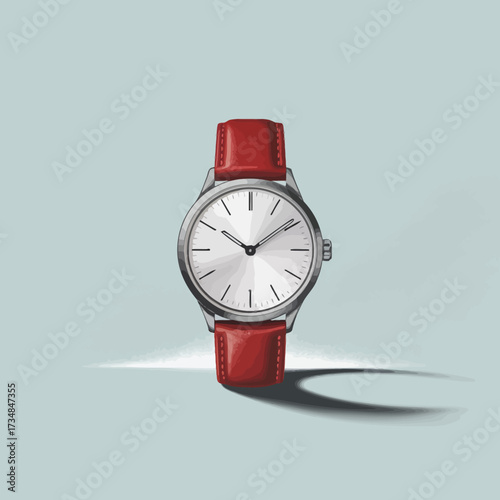 This minimalist watch features a sleek design with a stylish red leather strap, representing elegance, sophistication, and timekeeping artistry in modern accessories.