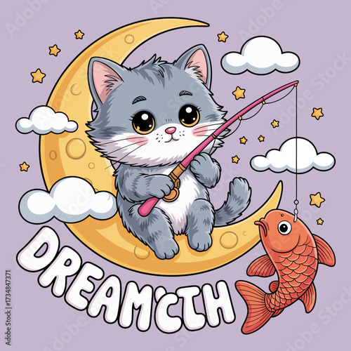 A charming illustration of a fluffy kitten fishing from a crescent moon, surrounded by fluffy clouds and bright stars, bringing a whimsical and dreamy atmosphere.