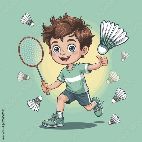 A young boy joyfully playing badminton, showcasing his energy and enthusiasm with shuttlecocks flying around in a vibrant, action-packed scene that captures childhood delight.