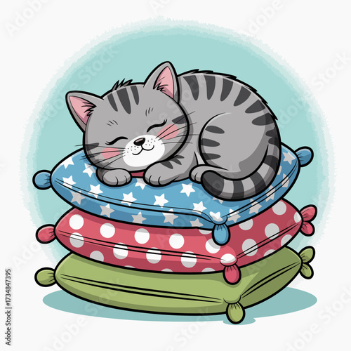A cozy gray cat is peacefully sleeping atop a stack of colorful pillows, evoking a sense of comfort and relaxation, perfect for a warm, inviting atmosphere.