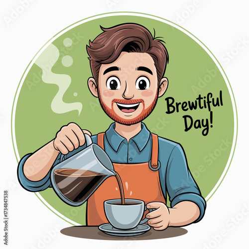 This image showcases a barista joyfully pouring coffee into a cup, evoking warmth, friendliness, and the daily enjoyment of a freshly brewed beverage.