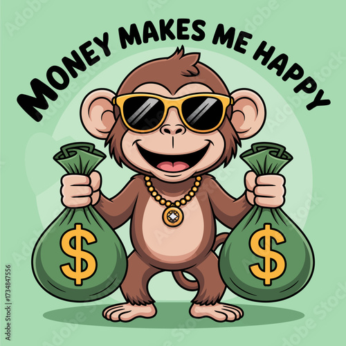 A cheerful monkey character wearing sunglasses and holding money bags, portraying a funny yet adorable interpretation of happiness and wealth in a playful style.