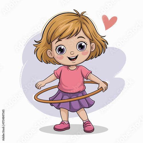 A joyful young girl with a cute hairstyle plays with a hula hoop, radiating positivity and fun in a bright pink shirt and purple skirt, showcasing childlike happiness and activity.