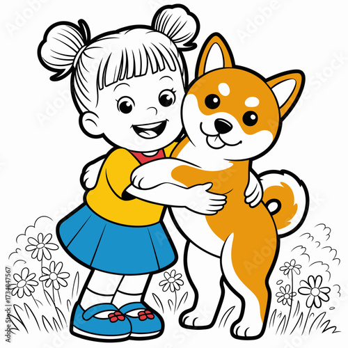 This delightful illustration features a joyful girl embracing her Shiba Inu dog, symbolizing love, companionship, and the bond between pets and their human friends.
