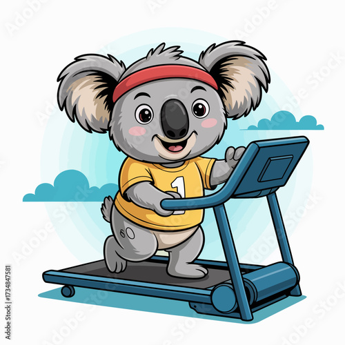 A cute koala character jogging on a treadmill, wearing a sporty shirt and headband, representing fitness, wellness, and an active lifestyle in a fun, cheerful manner.