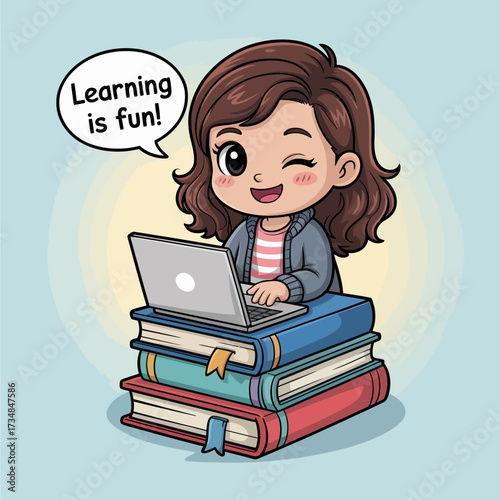 A cheerful young girl sitting on a stack of books, happily using a laptop, illustrating the fun of learning in a modern educational environment for children.