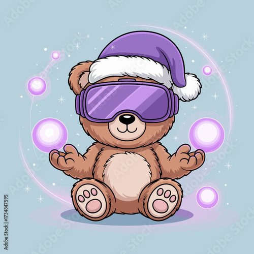 This adorable cartoon bear, wearing a purple Santa hat and sunglasses, embodies a playful spirit of fun, holidays, and joy while radiating a sense of calm and happiness.