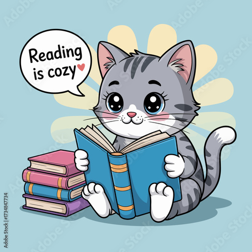 A delightful illustration of a gray tabby cat reading a book surrounded by colorful stacks, perfect for anyone who loves cozy reading moments and adorable animal characters.