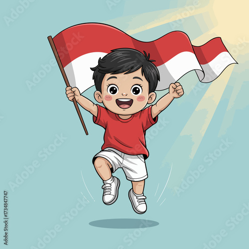 An excited child joyfully waves the Indonesian flag in a vibrant, uplifting scene, capturing a moment of national pride and celebration filled with energy and happiness.