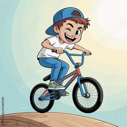 An energetic young boy is riding his bicycle with a playful wink, capturing the essence of childhood adventure and excitement in a vibrant, cartoonish world.