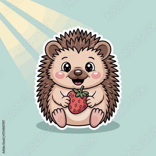 A delightful cartoon hedgehog holds a bright red strawberry, showcasing a cheerful demeanor against a soft blue background with playful rays of sunlight.