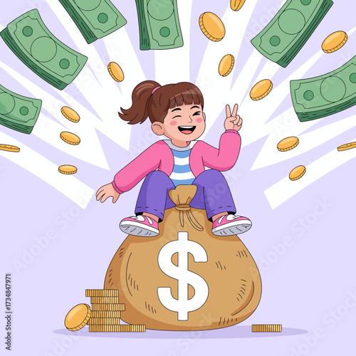 A cheerful little girl is sitting on a large money bag, surrounded by flying dollar bills, depicting themes of wealth, happiness, and carefree childhood. Joy and prosperity shine.
