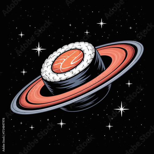 A whimsical illustration of a sushi piece as a planet, complete with Saturn-like rings and stars, blending food art with cosmic creativity for a fun visual experience.