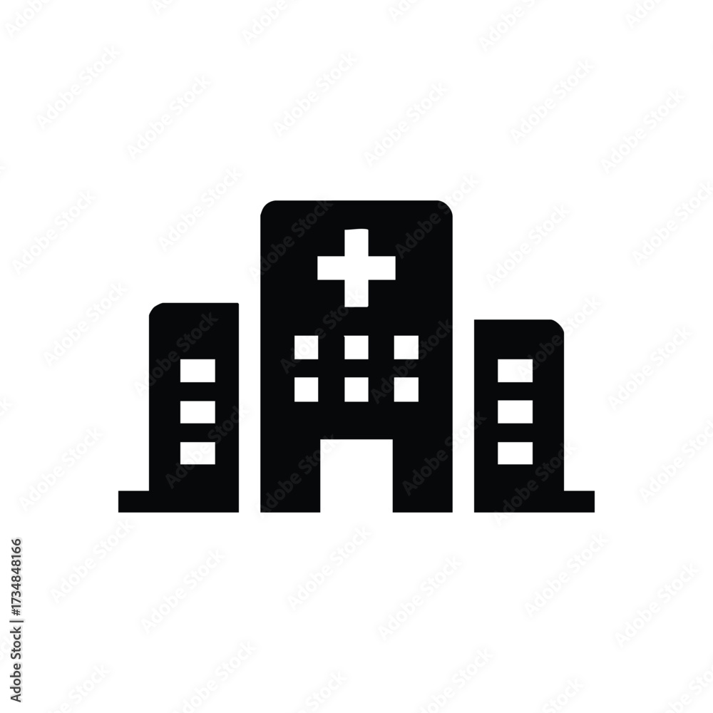 Obraz premium Modern hospital building with a prominent cross symbol on the facade, representing healthcare and medical services in an urban setting