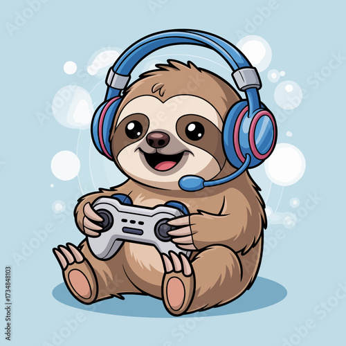A cheerful sloth wearing headphones and holding a game controller, bringing a blend of fun and relaxation, ideal for showcasing the gaming culture in a playful light.