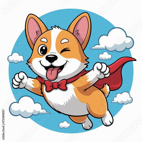 An exciting illustration of a heroic Shiba Inu wearing a cape, soaring through clouds with a playful expression, embodying the fun spirit of imagination and adventure.