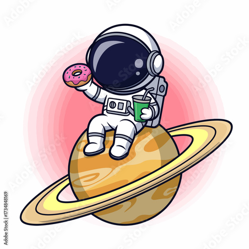 An adorable astronaut sits on Saturn, savoring a donut, showcasing a playful fusion of space exploration and indulgence in a whimsical and colorful artistic style.