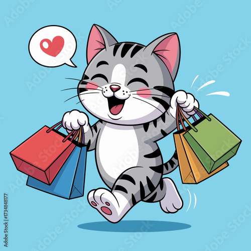 A cheerful gray cat is joyfully carrying colorful shopping bags, embodying a playful spirit and love for shopping, set against a bright blue background.