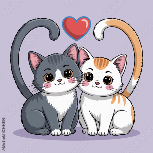 This lovely illustration depicts two cute kittens snuggling closely with a heart above, embodying friendship, love, and the playful nature of pets that bring happiness.