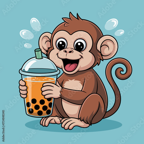This adorable monkey happily holds a cup of bubble tea, showcasing its playful nature and charm, set against a bright aqua background, sure to capture hearts.