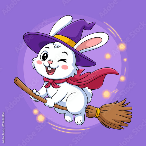 This whimsical illustration depicts a cute rabbit in a wizard hat flying on a broomstick, capturing a magical theme that embodies adventure and playfulness in colorful, cartoon art.