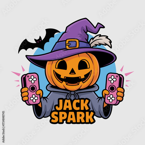 A vibrant and playful Halloween illustration featuring a pumpkin character named Jack Spark, showcasing fun elements like bats and a whimsical atmosphere perfect for the season.