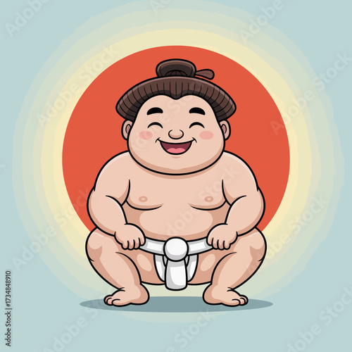 This cartoon sumo wrestler character is shown smiling broadly while sitting in a traditional pose, radiating warmth and humor, making it an ideal fun illustration.
