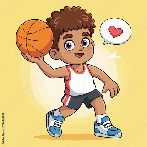 A cheerful young boy dribbles a basketball, smiling widely as he expresses passion for the sport, depicted in a vibrant, colorful illustration full of energy and excitement.