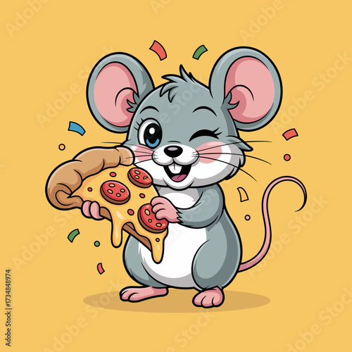 A cheerful cartoon mouse proudly holds a slice of pizza, exuding joy and satisfaction, perfectly embodying a fun and playful spirit in a cheerful and colorful design.