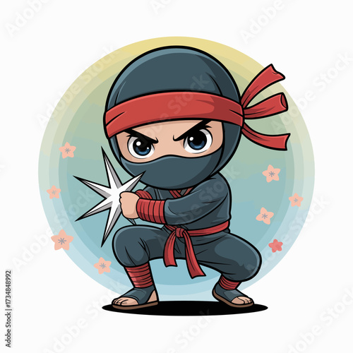 A playful ninja character dressed in traditional attire showcases strength and agility while holding a throwing star, highlighting the art of stealth and martial prowess.