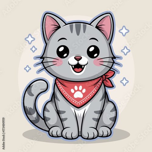 This adorable gray cat wearing a red bandana has a cheerful expression, making it an ideal image for pet lovers and those who appreciate cute animal illustrations.