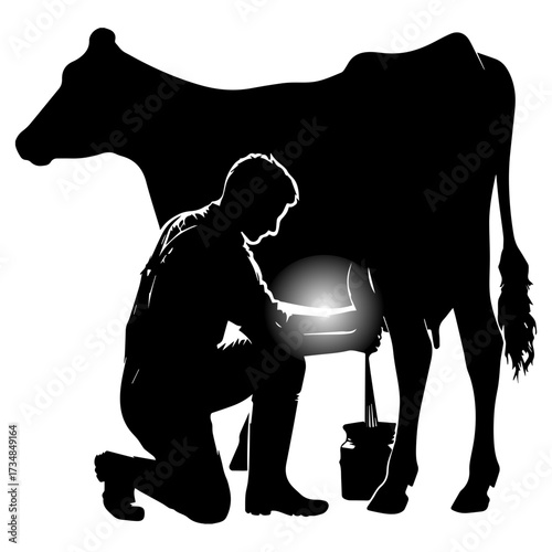 Silhouette of farmer milking cow at sunrise
