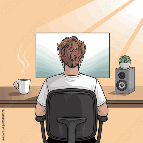 A serene home office scene featuring a person seated at a desk, focused on a computer screen, symbolizing the modern workspace and the importance of personal productivity.