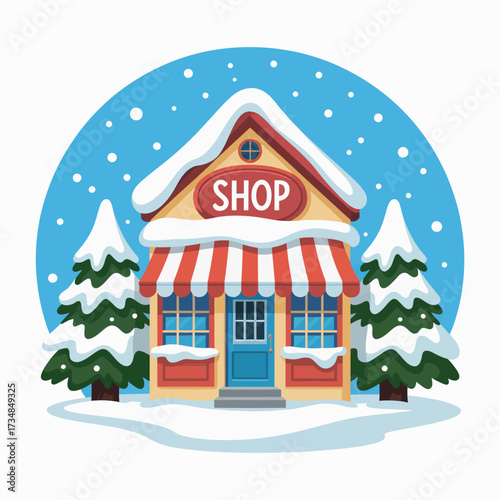 This charming scene features a snowy shop nestled among evergreen trees, evoking feelings of warmth, nostalgia, and the cozy magic of winter in a picturesque setting.