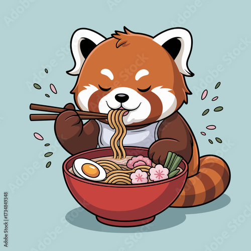 This charming image features a red panda happily enjoying a bowl of steaming noodles, conveying warmth, comfort, and the joy of indulging in delicious food.