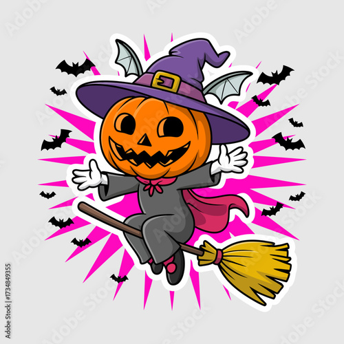 A whimsical Halloween-themed illustration featuring a pumpkin-headed witch flying joyfully on a broomstick against a backdrop of bats, filled with vibrant energy and fun.