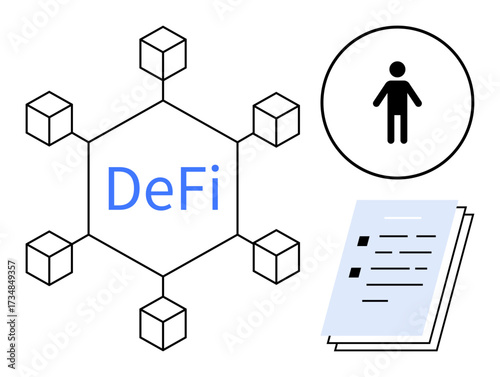 Network of blocks with DeFi text, user icon in a circle, and stacked documents. Ideal for blockchain, finance, decentralization, smart contracts, cryptocurrency, digital identity simple flat