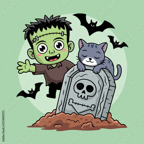 A joyful kid in Frankenstein attire plays amid bats and a tombstone, alongside a relaxed cat, creating a whimsical Halloween atmosphere filled with charm and fun.