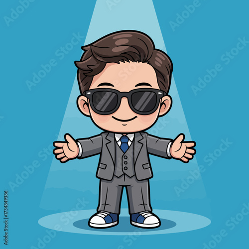 A stylish young man stands confidently with arms open, dressed in a sharp gray suit and sunglasses, showcasing a suave and charming demeanor against a blue backdrop.