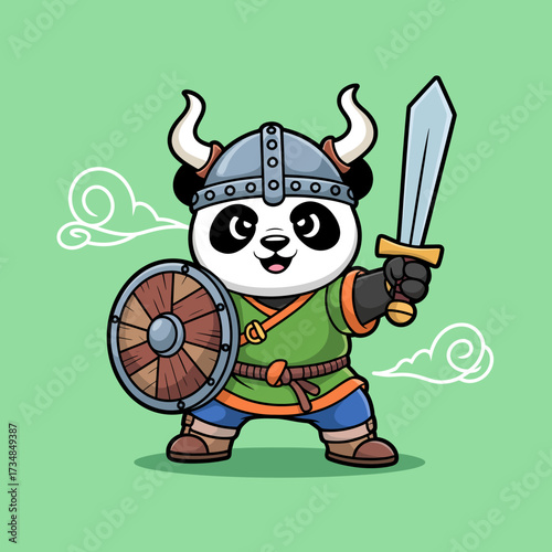 This striking illustration portrays a fierce panda warrior, equipped with a sword and shield, donned in colorful armor, symbolizing courage and adventure in a whimsical setting.