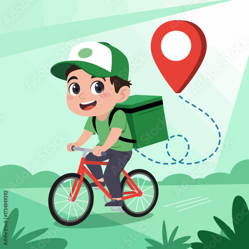 A happy delivery boy rides his bicycle through a sunny landscape, showcasing his vibrant green backpack and enthusiasm for delivering parcels with youthful energy and zeal.