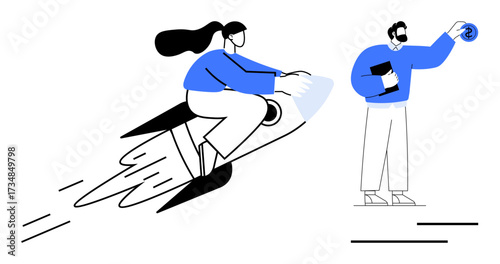 Woman riding rocket symbolizing ambition and speed, man holding notebook and sharing ideas. Ideal for innovation, leadership, teamwork, achievement, growth, strategy entrepreneurship. Simple flat