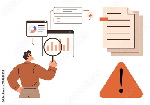 Analyst reviewing graphs, charts, reports with magnifying glass. Documents, error alert. Ideal for data analysis, reporting, auditing, feedback problem-solving decision-making information