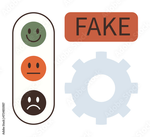 happy, neutral, and sad faces in a vertical panel symbolize sentiment analysis beside a Fake warning and gear shape. Ideal for misinformation, awareness, reviews, emotions, analytics, authenticity