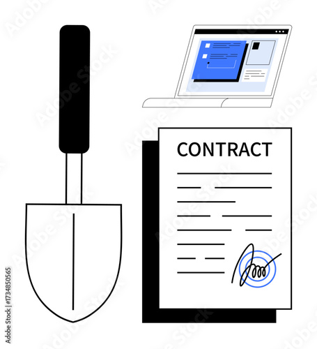 Contract with blue signature beside laptop screen and gardening trowel. Ideal for digital contracts, landscaping deals, legal services, business agreements, document signing, professional tools